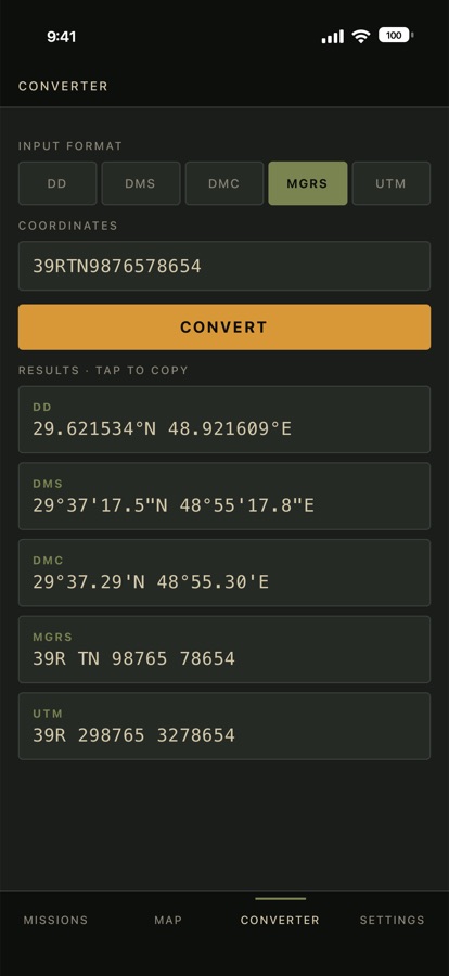 The coordinate converter showing one position in all five formats